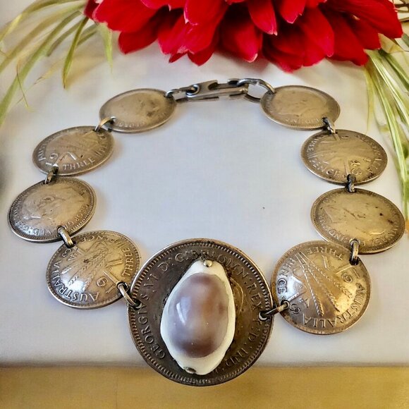 Australian Silver Coins WII Sweetheart Bracelet Shell Trench Art 6" - Picture 3 of 16